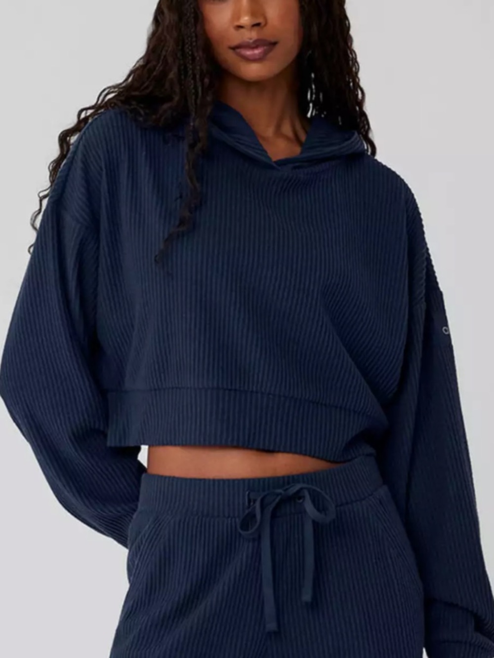 Alo Navy Cropped Ribbed Hoodie Top